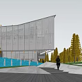 Modern Sales Office Building With Glass Facade And Geometric Design Surrounded By Trees
