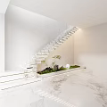 Modern Marble Staircase With Glass Railing Green Plants And Small Landscape In Interior