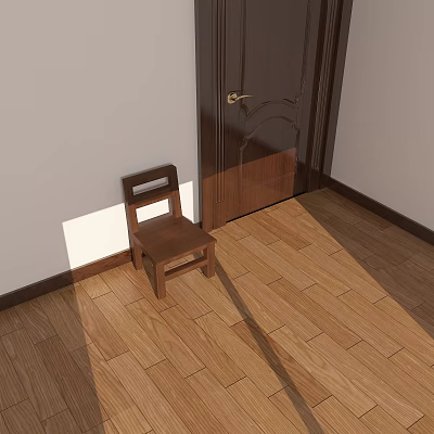 Brown Wooden Leisure Chair Against Light Colored Wall Next to Wooden Door on Wooden Floor 3d model