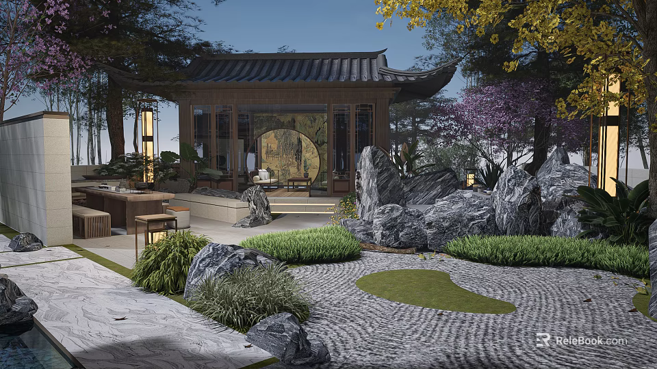 Traditional Chinese Garden Landscape With Pavilion Rock Formations And Stone Paved Ground 3d model 