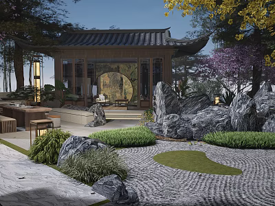 Traditional Chinese Garden Landscape With Pavilion Rock Formations And Stone Paved Ground 3d model