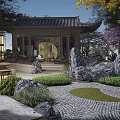 Traditional Chinese Garden Landscape With Pavilion Rock Formations And Stone Paved Ground