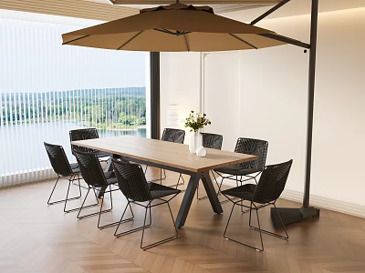 Indoor Dining Area With Wooden Table Black Chairs Brown Umbrella Overlooking Lake View Flower Vase 3d model
