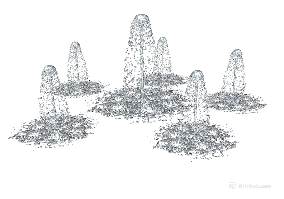 Multiple Tall Tower Shaped Fountains With Water Droplets And Splashing Base 3d model 