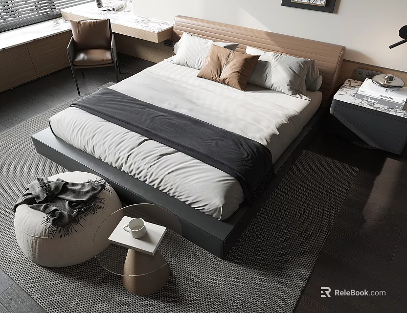Modern Double Bed with White and Gray Bedspread Pillows Bedside Table and Rug 3d model