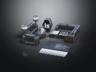Modern Sofa Coffee Table Set With Sectional Sofa Armchair Floor Lamp And Patterned Rug 3d model