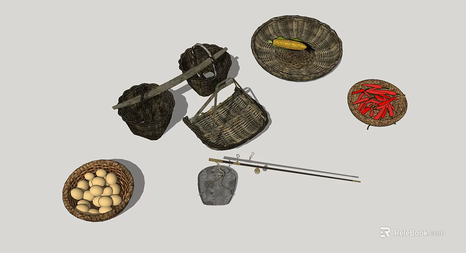 Industrial Agricultural Processing Equipment With Millstone Woven Baskets And Tools 3d model 