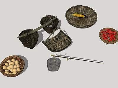 Industrial Agricultural Processing Equipment With Millstone Woven Baskets And Tools 3d model