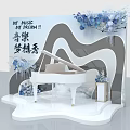 Elegant Stage with White Piano Blue Flowers and Wavy Background for Music Dream Show