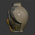 Ceramic Decorative Vase With Peacock Feather Pattern And Yellow Footed Base
