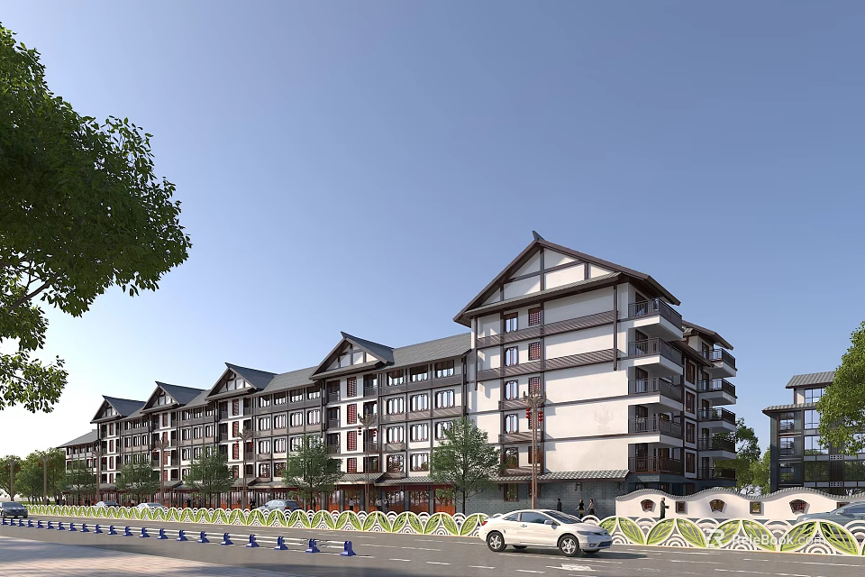 Traditional Style Multi story Residential Building With Green Landscaping And Road 3d model 