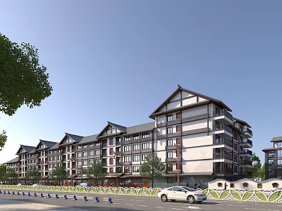 Traditional Style Multi story Residential Building With Green Landscaping And Road 3d model