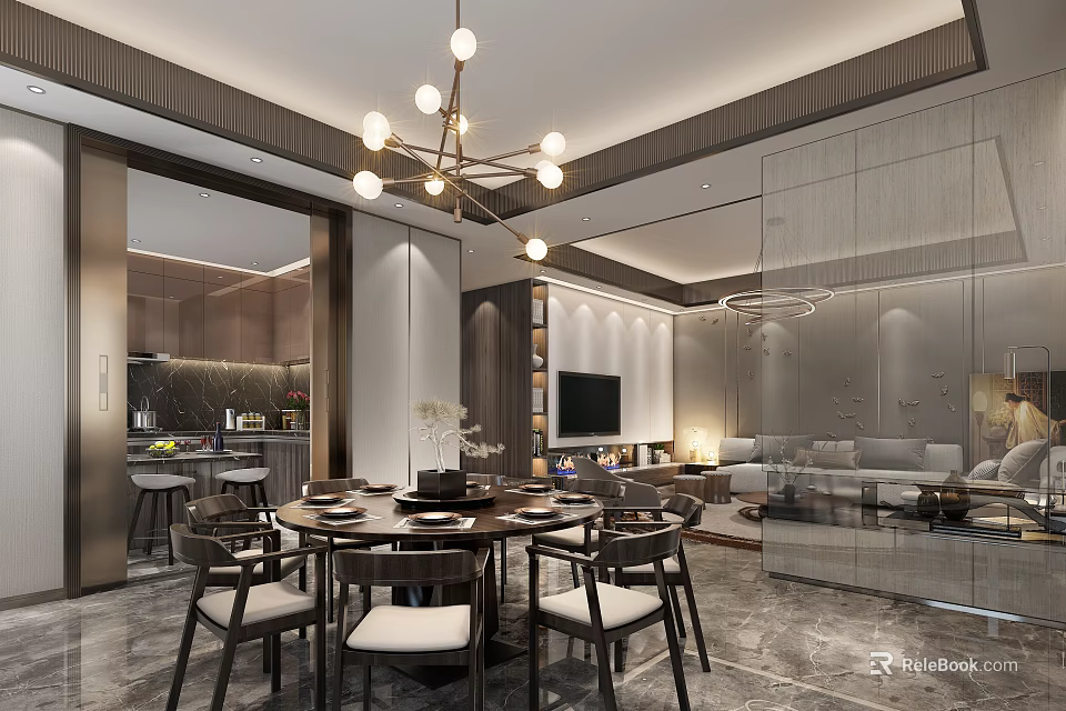 Modern Dining Living Room Interior With Round Table Chairs Chandelier and Sofa 3d model 