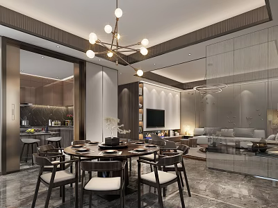 Modern Dining Living Room Interior With Round Table Chairs Chandelier and Sofa 3d model