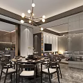 Modern Dining Living Room Interior With Round Table Chairs Chandelier and Sofa