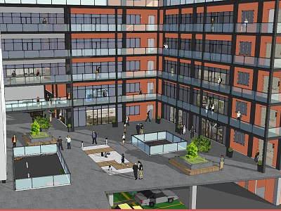 Modern Office Building With Atrium Green Plants And Glass Curtain Walls 3d model