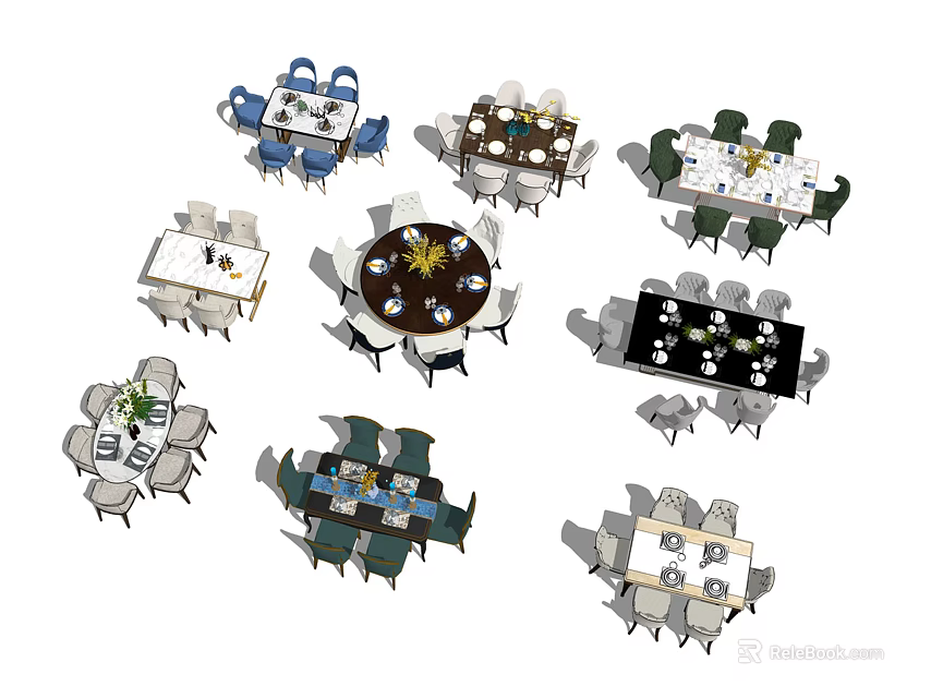 Assorted Dining Table Sets With Round And Rectangular Tables And Colorful Chairs 3d model