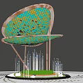 Contemporary Curved Pergola With Mosaic Grid Top Slender Metal Pillars White Spheres On Green Lawn