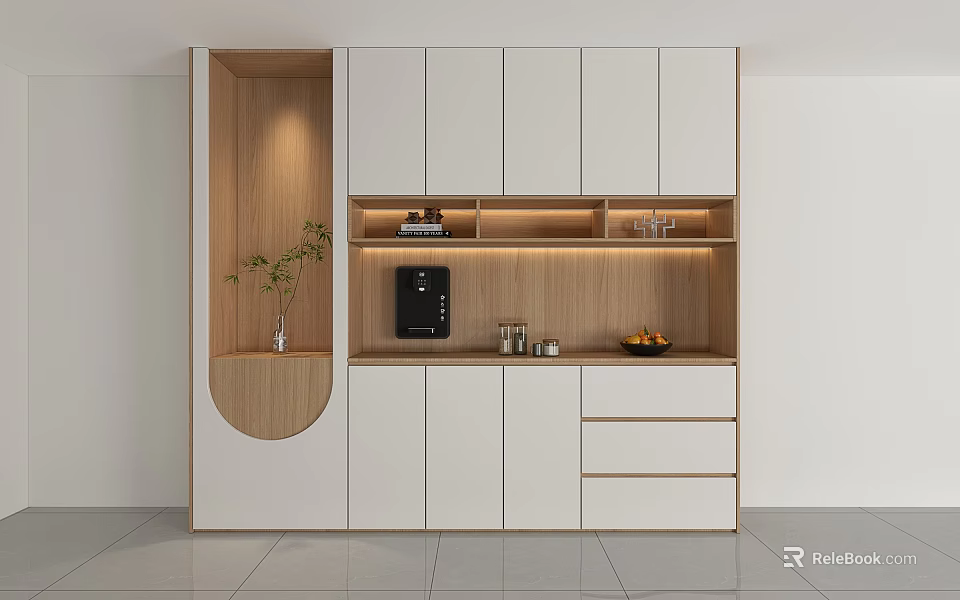 Modern Built In Wine Cabinet Design With White And Wooden Finish Lighting And Decorative Elements 3d model 