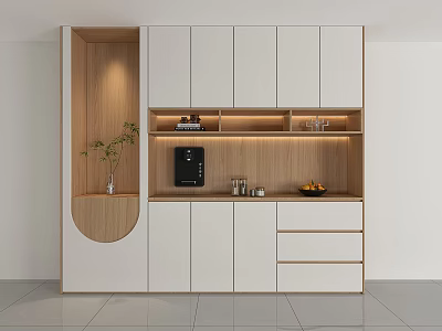 Modern Built In Wine Cabinet Design With White And Wooden Finish Lighting And Decorative Elements 3d model