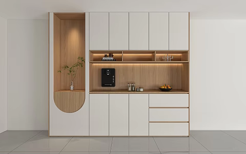 Simple Log Cream Style Restaurant Wine Cabinet Customized Sideboard Integrated Wall Design Multifunctional Noble Storage Cabinet Arc Cabinet Door 3d model