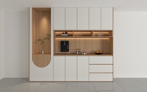 Simple Log Cream Style Restaurant Wine Cabinet Customized Sideboard Integrated Wall Design Multifunctional Noble Storage Cabinet Arc Cabinet Door 3d model