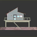 Small Cabin with Red Roof Gray Walls Wooden Deck Railings Stairs and Pink Blue Base