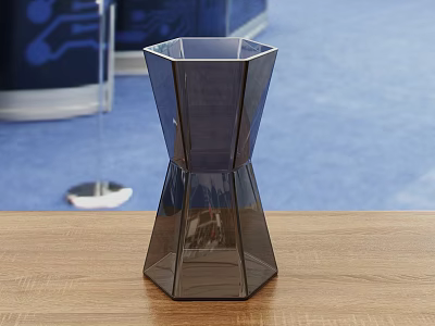 Transparent Glass Geometric Vase With Fresh Flowers On Wooden Table Blue Carpet Background 3d model