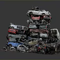 Architectural Sculptural Structure Composed Of Stacked Multicolored Abandoned Cars For Artistic