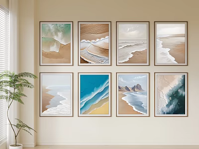 Eight Modern Seascape Paintings On Wall With Waves Sand And Green Plant 3d model