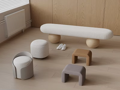 White Upholstered Sofa Bench With Various Stools On Light Wooden Floor And Wooden Panel Wall 3d model