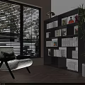 Black Bookcase With Books And Decorative Paintings By Window With Armchair And Plant