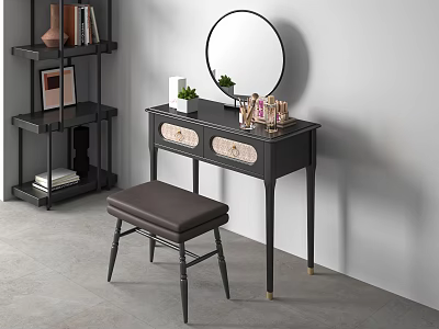 Dark Wooden Dressing Table With Round Mirror Woven Drawer Details And Brown Padded Stool 3d model