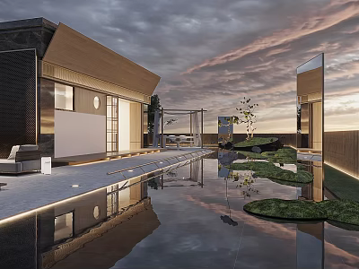 Modern Garden With Pool Reflection Greenery And Sunset Sky Terrace Lighting 3d model