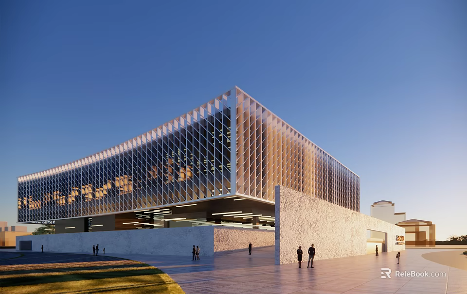 Modern Architectural Exterior Design With Glass Curtain Wall And People Walking Around 3d model 