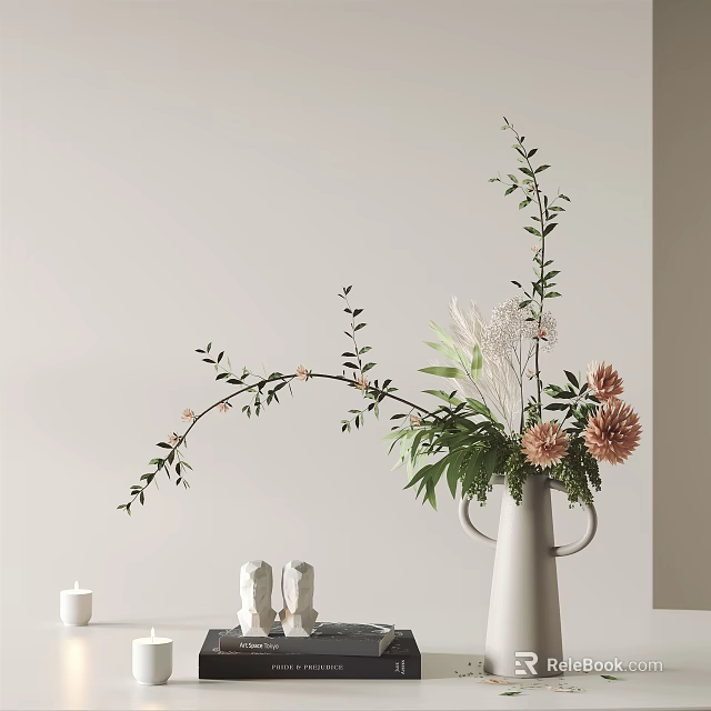 Stylish Decorative Ornament Set with White Vase Pink Flowers Green Branches Small Figurines and Candle 3d model 