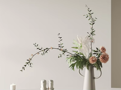 Stylish Decorative Ornament Set with White Vase Pink Flowers Green Branches Small Figurines and Candle 3d model
