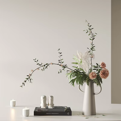 Stylish Decorative Ornament Set with White Vase Pink Flowers Green Branches Small Figurines and Candle 3d model