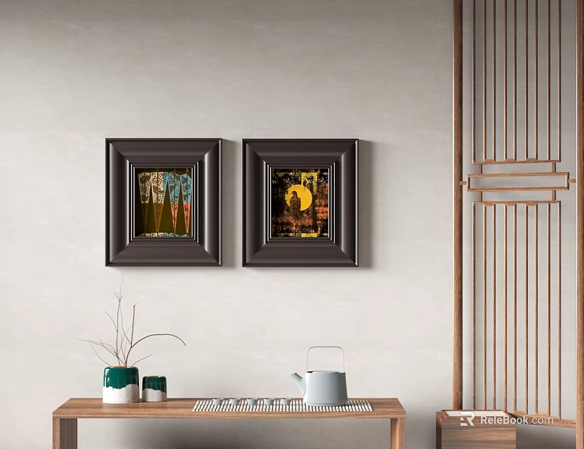 Black Framed Abstract Paintings Wall Decor in Modern Interior with Wooden Table Kettle Green Cups 3d model 