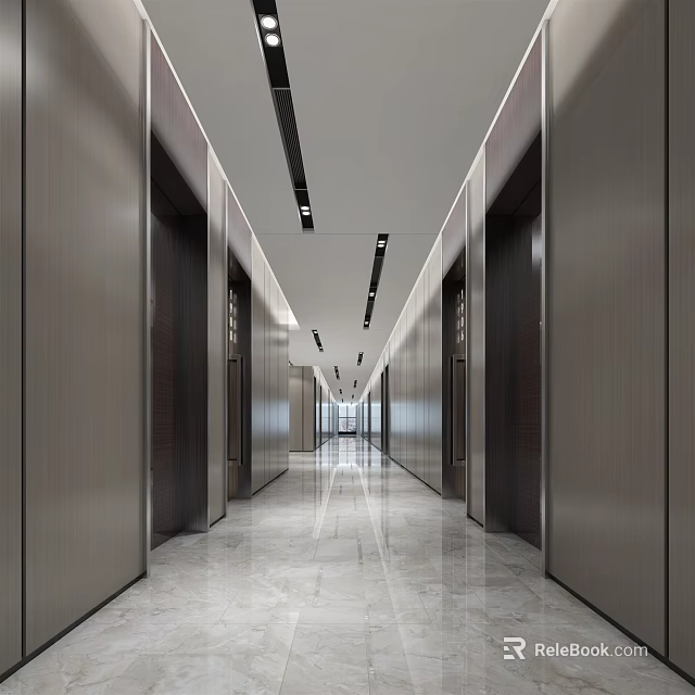 Modern Hotel Corridor With Marble Floor Dark Wooden Doors And Linear Ceiling Lights 3d model 