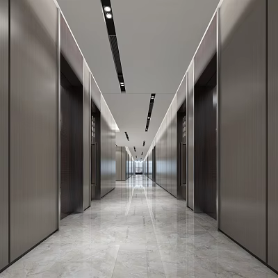 Modern Hotel Corridor With Marble Floor Dark Wooden Doors And Linear Ceiling Lights 3d model