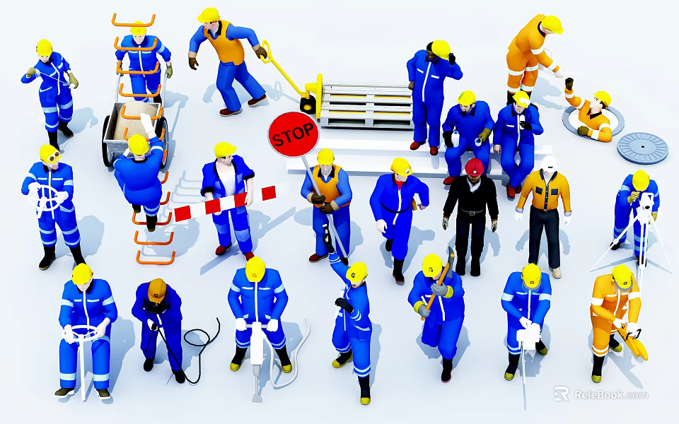 Group of Construction Workers With Safety Equipment And Stop Sign On Site 3d model 