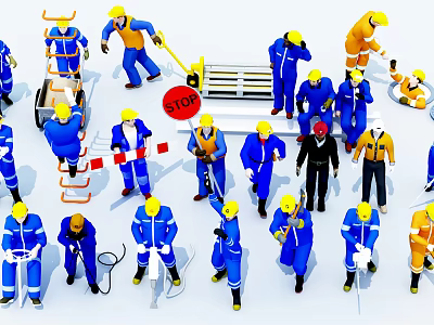 Group of Construction Workers With Safety Equipment And Stop Sign On Site 3d model