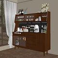 Modern Walnut Sideboard with Glass Doors Wine Bottles Coffee Machine and Decorative Items