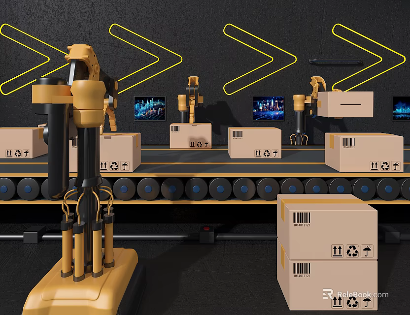 Industrial Commercial Robotic Equipment For Automated Packaging With Conveyor Belt Cardboard Boxes And Digital Screens 3d model 