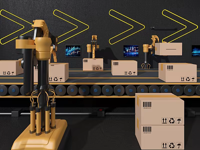 Industrial Commercial Robotic Equipment For Automated Packaging With Conveyor Belt Cardboard Boxes And Digital Screens 3d model