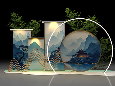 New Chinese Style Photo Spot With Landscape Elements Circular Decorations Bamboo And Lighting Effects 3d model