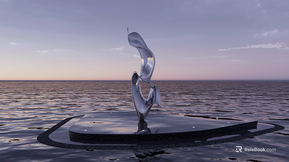 Silver Flowing Ribbon Shaped Sculpture On Black Platform Over Sunset Sea 3d model 