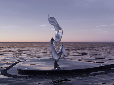 Silver Flowing Ribbon Shaped Sculpture On Black Platform Over Sunset Sea 3d model