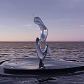 Silver Flowing Ribbon Shaped Sculpture On Black Platform Over Sunset Sea
